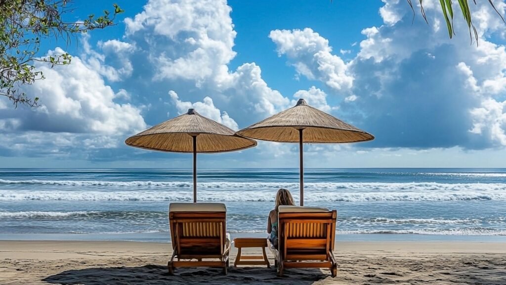 Deux chaises longues avec parasols font face à l'océan sur une plage ensoleillée, avec un ciel bleu et des nuages duveteux au-dessus.
