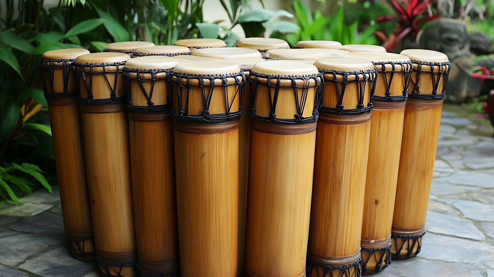 Un groupe de tambours traditionnels en bois disposés à l'extérieur sur un trottoir en pierre entouré de plantes vertes luxuriantes.