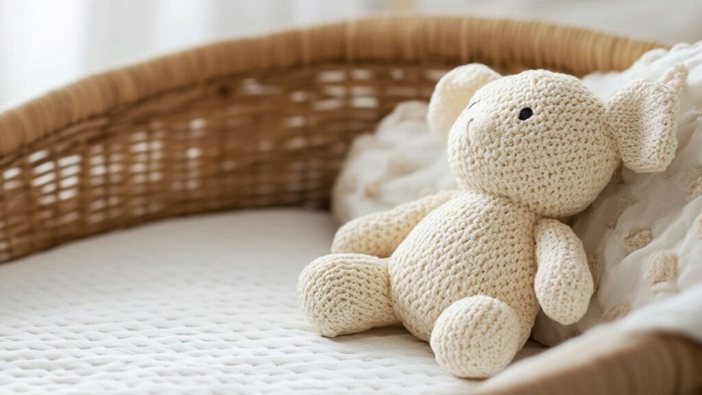 Ours en peluche au crochet assis sur une couverture pour bébé texturée de couleur crème dans un berceau en osier.