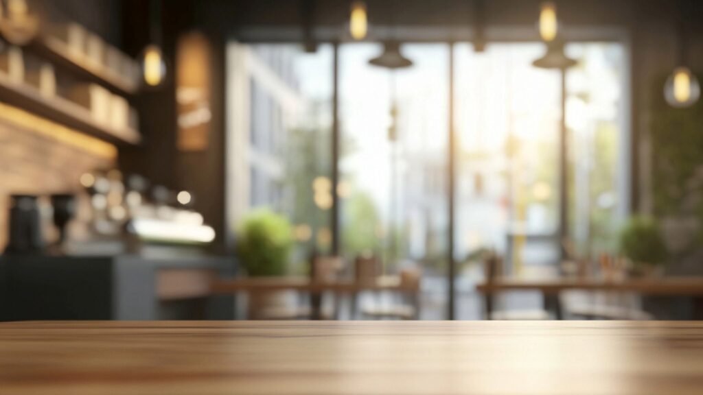 Table en bois dans un café chaleureux avec un éclairage intérieur flou et de grandes fenêtres en arrière-plan.