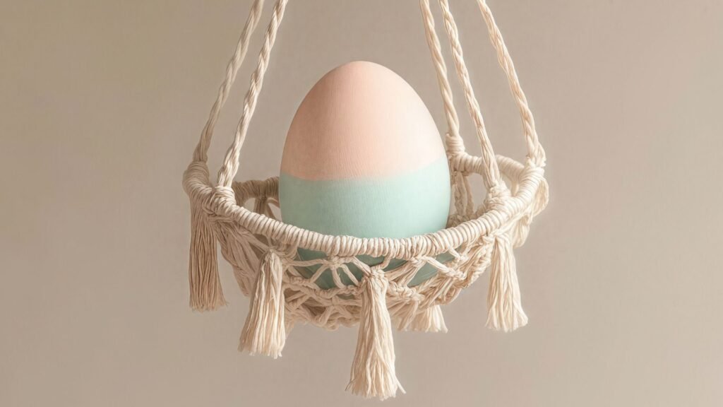 Un œuf de couleur pastel dans un panier suspendu en macramé avec des pompons, posé sur un fond uni.