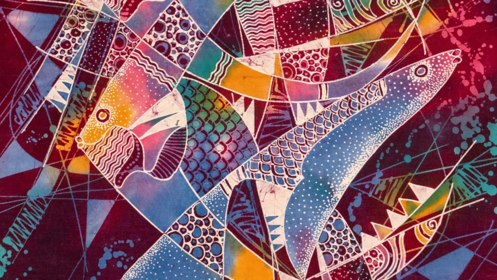 Œuvre d'art abstraite avec des poissons et des vagues géométriques vibrants dans des tons bleus, rouges et jaunes sur un fond texturé.