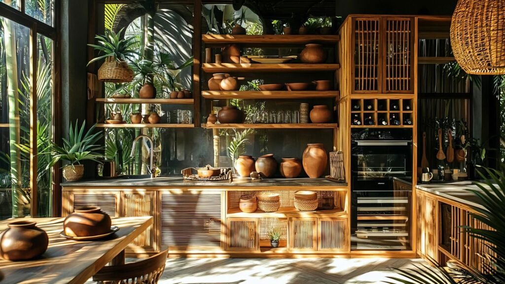 Cuisine ensoleillée avec armoires en bois, plantes tropicales, poteries et verrerie. De grandes fenêtres laissent entrer la lumière naturelle.