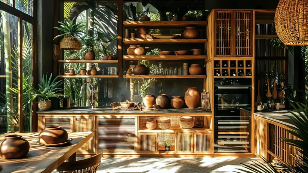 Cuisine ensoleillée avec armoires en bois, plantes tropicales, poteries et verrerie. De grandes fenêtres laissent entrer la lumière naturelle.