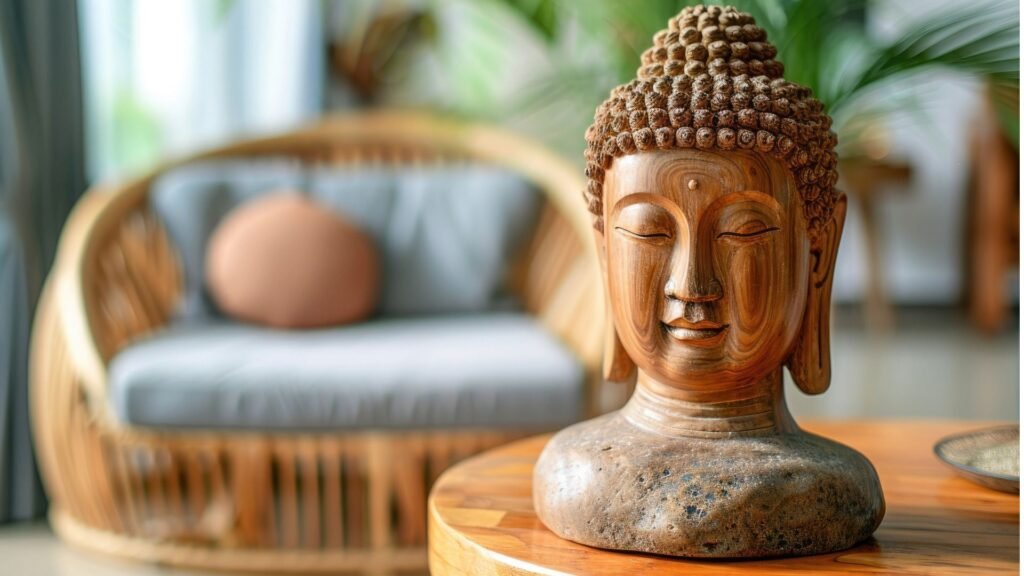 Une statue de tête de Bouddha en bois sur une table avec une chaise en osier et un coussin en arrière-plan.