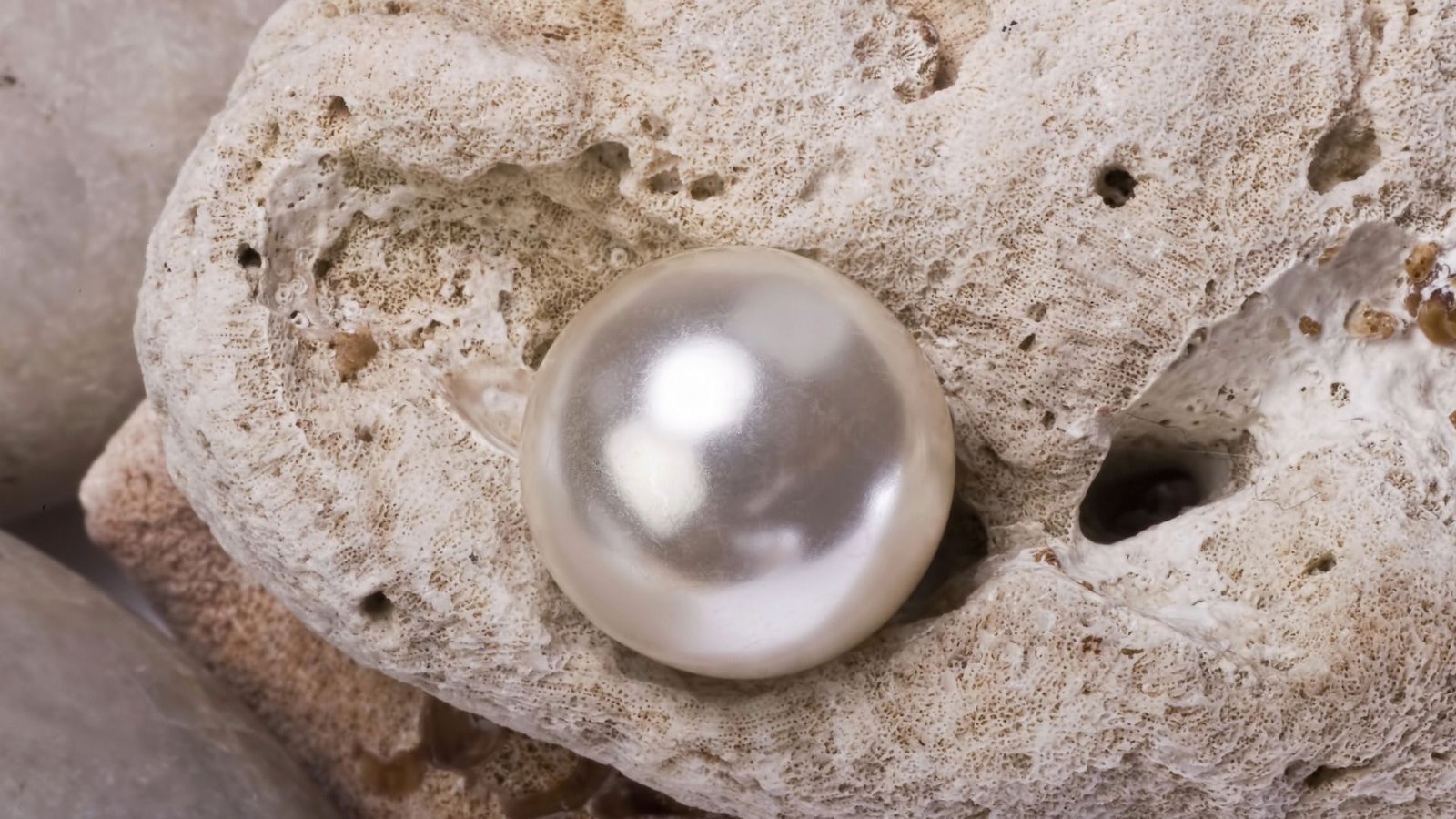 Une perle reposant sur une surface rocheuse rugueuse et texturée.