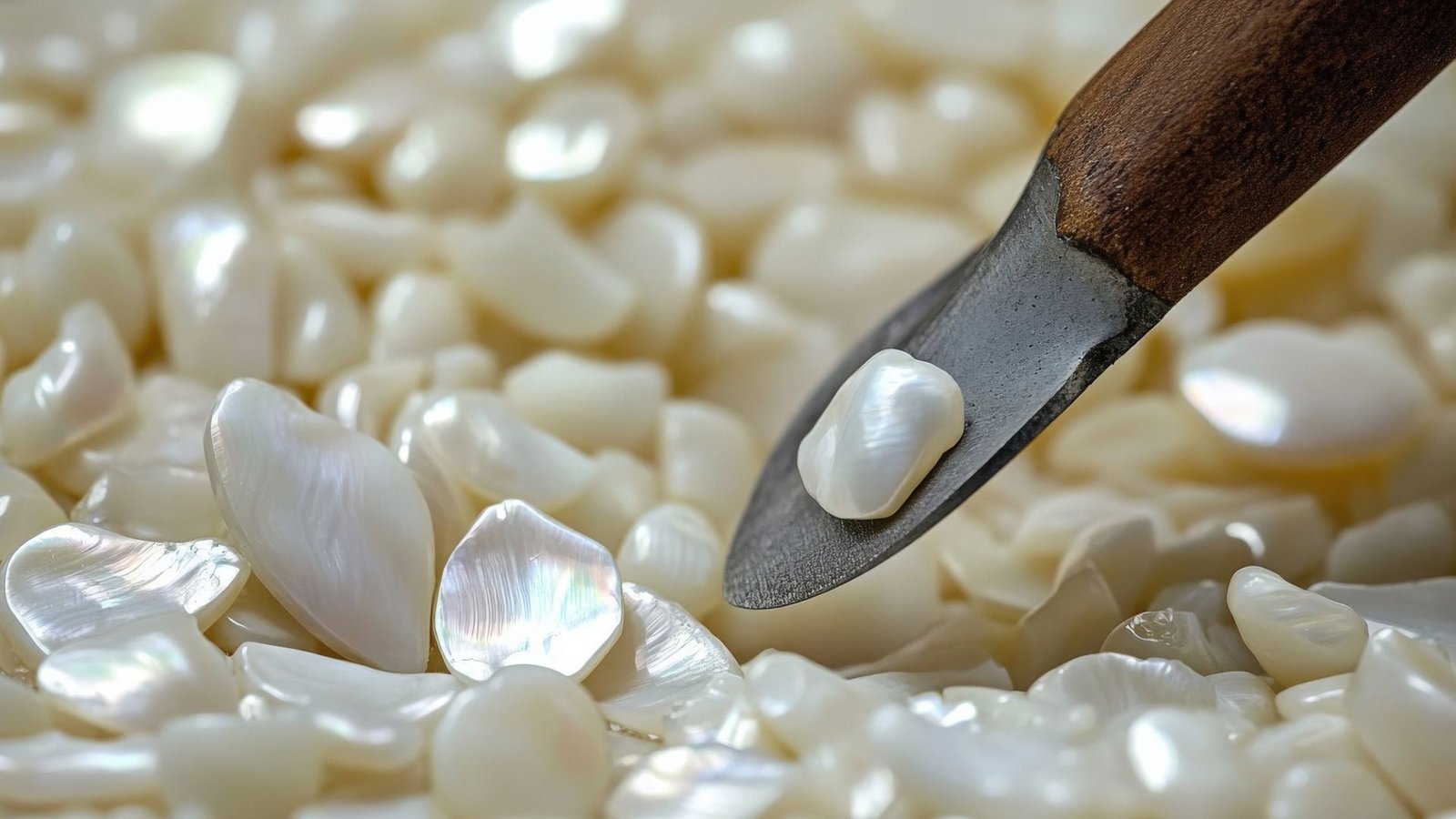 Gros plan d'une cuillère ramassant des graines en forme de perles dans un tas, avec un manche en bois et une pointe en métal incurvée.