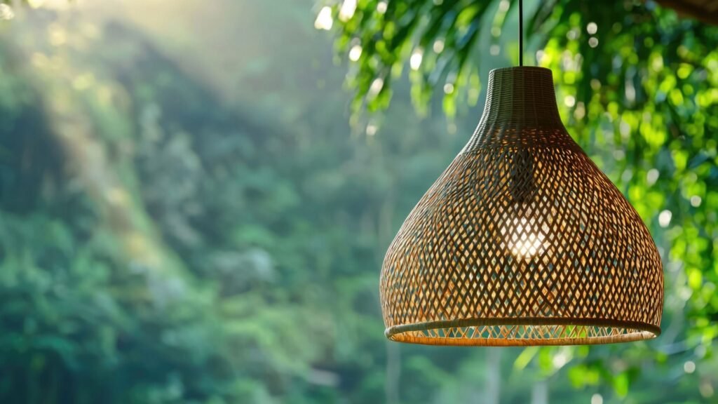 Une lampe en osier tressé suspendue à l'extérieur avec la lumière du soleil filtrant à travers un feuillage vert luxuriant.
