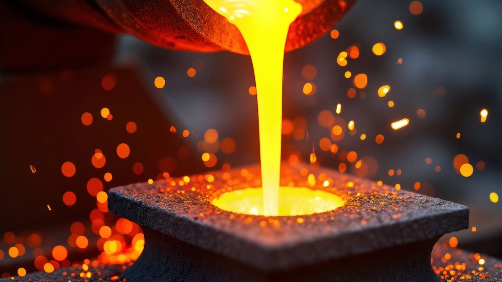 Du métal en fusion est versé dans un moule avec des étincelles brillantes volant tout autour.