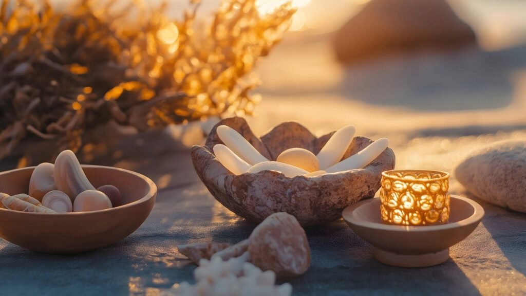 Des coquillages dans des bols et une bougie allumée sur une plage de sable au coucher du soleil, créant une ambiance paisible et chaleureuse.