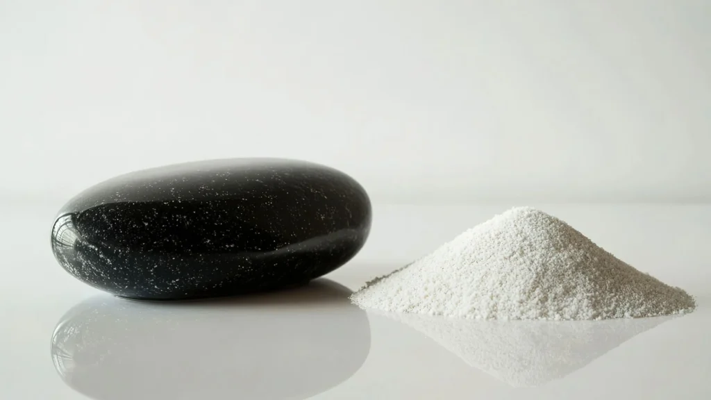 Pierre noire lisse et un petit tas de poudre granuleuse blanche sur une surface réfléchissante.