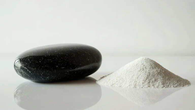 Pierre noire lisse et un petit tas de poudre granuleuse blanche sur une surface réfléchissante.