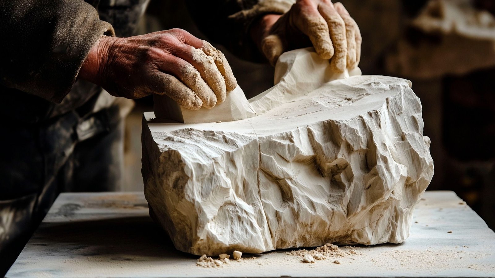 Des mains façonnent une pierre brute avec des mouvements précis dans un atelier.