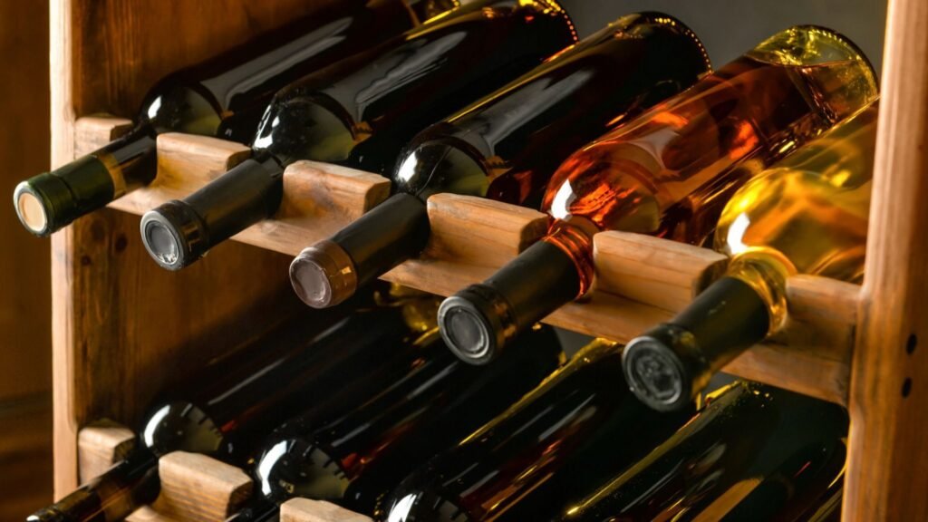 Bouteilles de vin stockées horizontalement sur un support en bois, présentant différentes nuances allant du rouge à l'or.