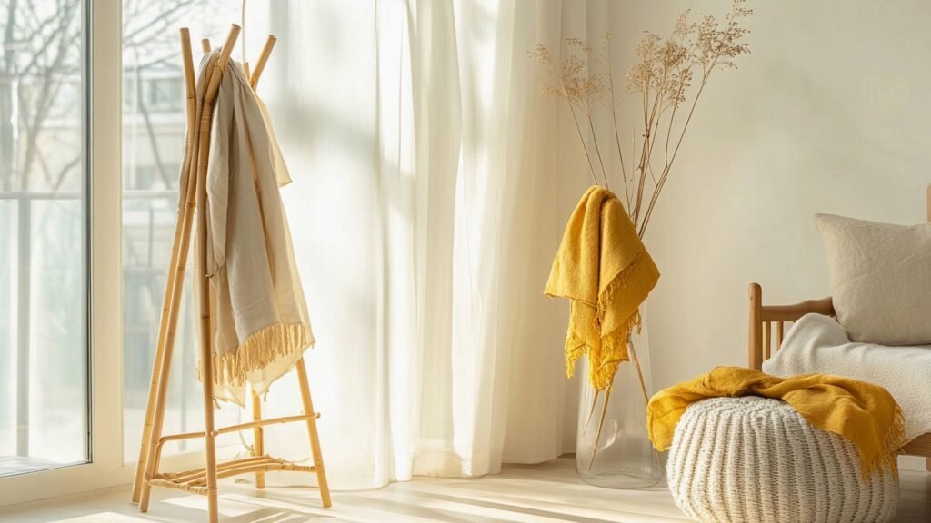 Chambre ensoleillée avec une étagère en bois, des plaids beiges et jaunes, un pouf et des plantes séchées dans un vase près de rideaux transparents.