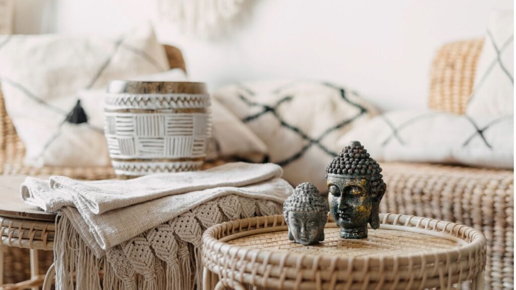 Intérieur bohème confortable avec des meubles en osier, des oreillers, un jeté tricoté et des statues de Bouddha décoratives sur une table tressée.