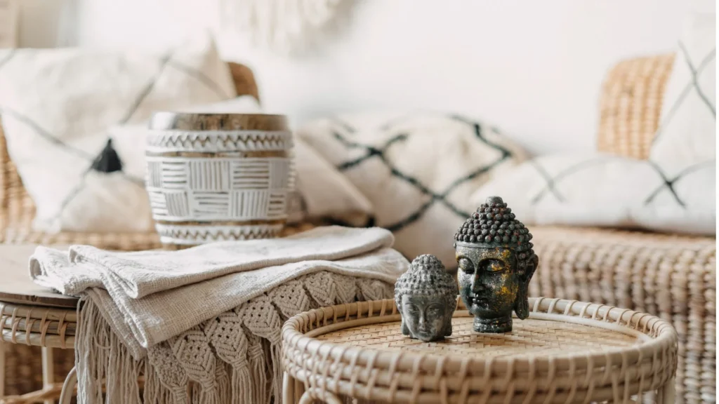 Intérieur bohème confortable avec des meubles en osier, des oreillers, un jeté tricoté et des statues de Bouddha décoratives sur une table tressée.
