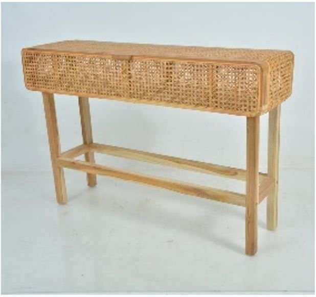 Table console en teck avec cannage rotin disponible chez Zen Évasion