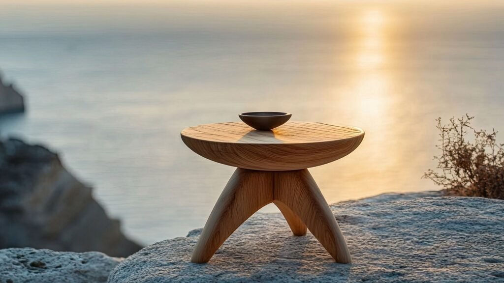 Une petite table en bois avec un bol dessus, sur fond de coucher de soleil sur l'océan.