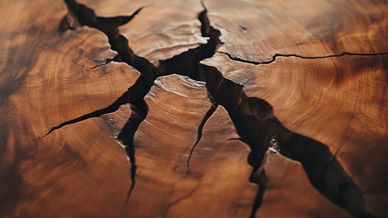 Gros plan d'une surface en bois présentant des fissures profondes et des motifs de grain de bois riches et naturels.