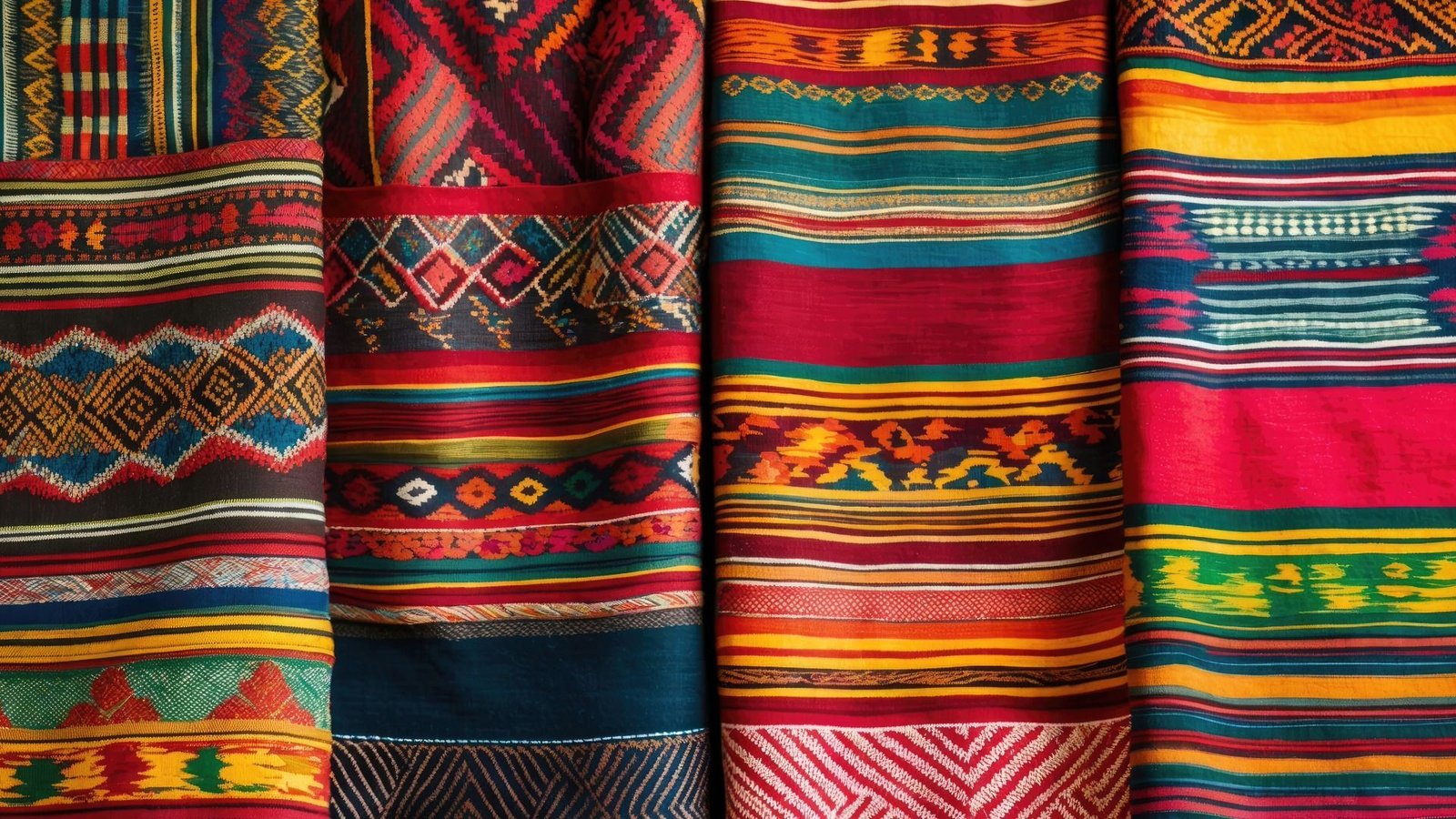 Motifs de tissu colorés avec des motifs géométriques complexes dans des teintes rouges, vertes, jaunes et bleues.
