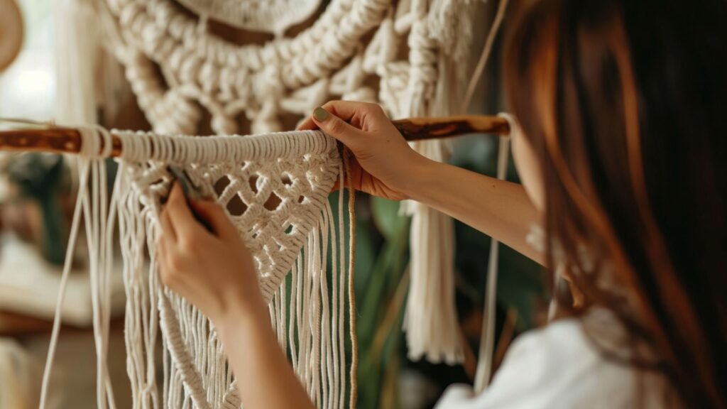 Personne tissant un macramé complexe sur une tige en bois, avec des plantes en arrière-plan flou.