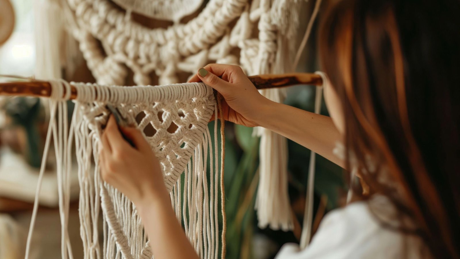 Personne tissant un macramé complexe sur une tige en bois, avec des plantes en arrière-plan flou.