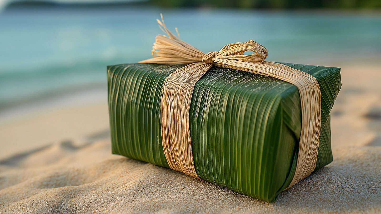 Un cadeau emballé dans des feuilles vertes avec un nœud en paille sur une plage de sable, l'océan en arrière-plan.