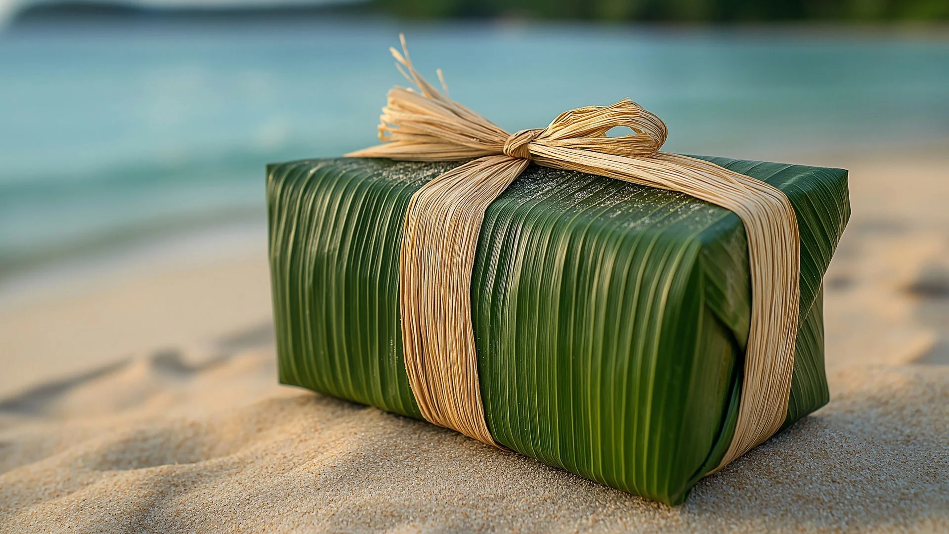 Un cadeau emballé dans des feuilles vertes avec un nœud en paille sur une plage de sable, l'océan en arrière-plan.
