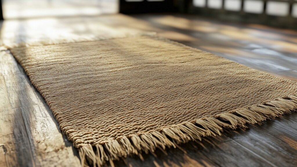 Un tapis beige tissé à franges repose sur un plancher en bois ensoleillé.