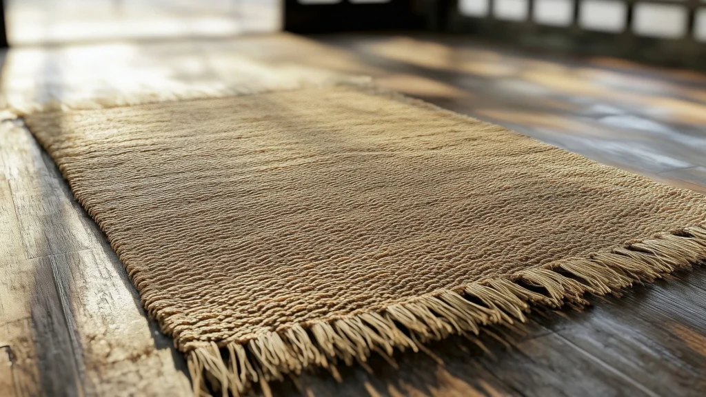 Un tapis beige tissé à franges repose sur un plancher en bois ensoleillé.