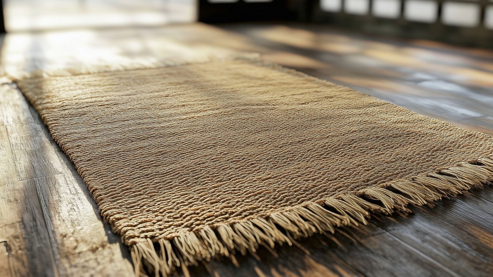 Un tapis beige tissé à franges repose sur un plancher en bois ensoleillé.