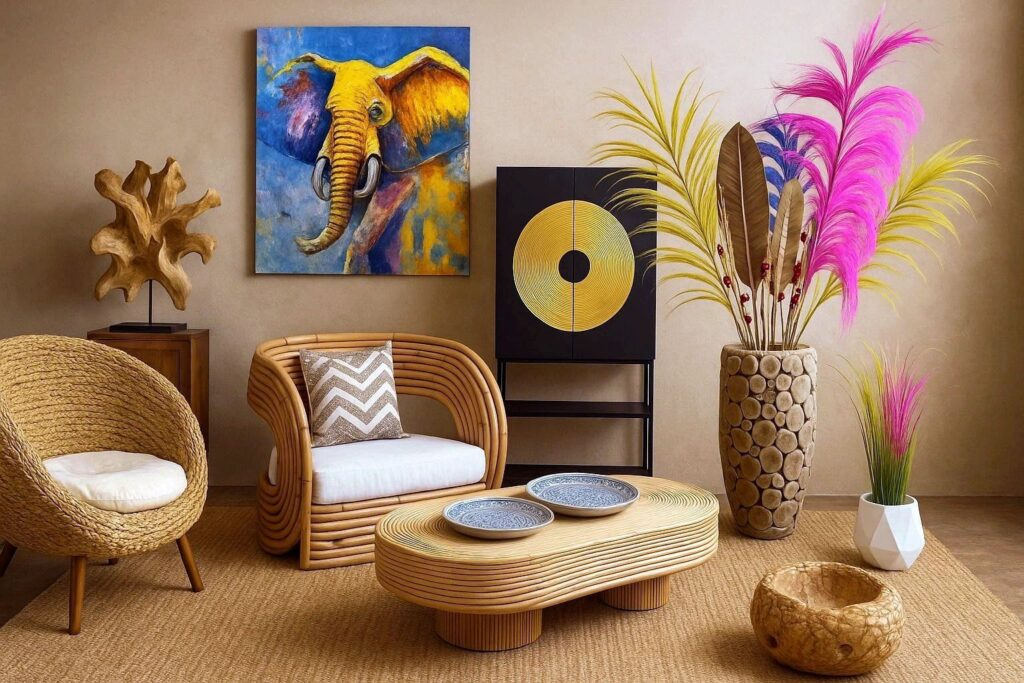 Salon confortable avec des meubles en rotin, des plantes colorées, une œuvre d'art représentant un éléphant sur le mur et une touche de décoration balinaise pour une ambiance exotique.